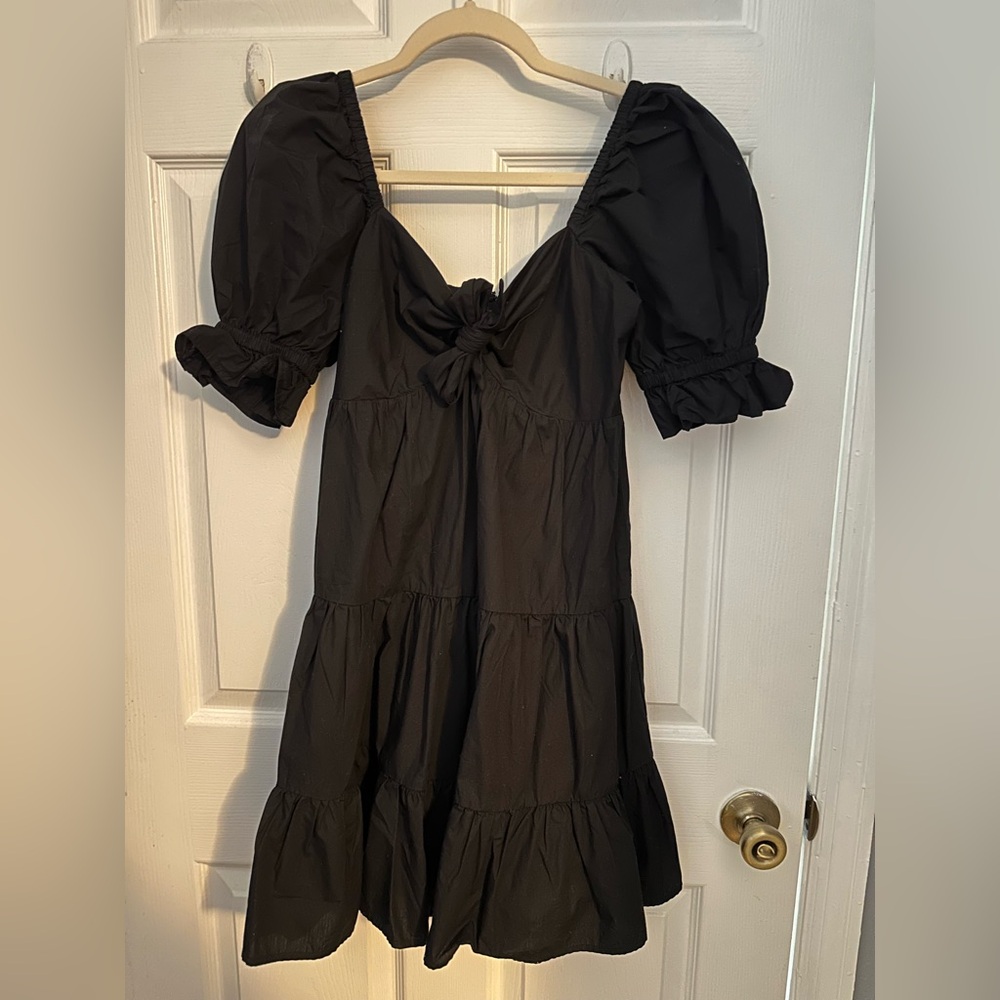 Express Black Puff Sleeves Bow Short Flowy V Neck Tiered Dress